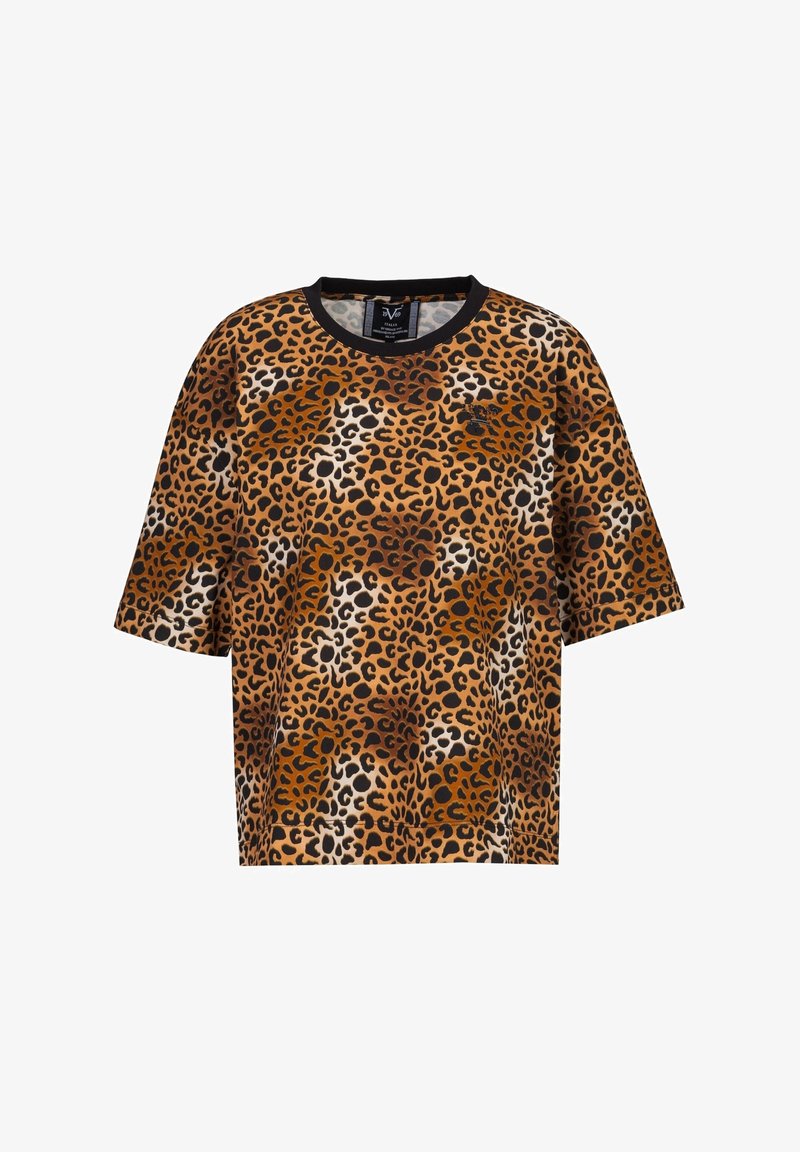 Leopardprint t-shirt met korte mouwen in tinten bruin, beige en zwart, met een zwarte ronde hals en een losse pasvorm.