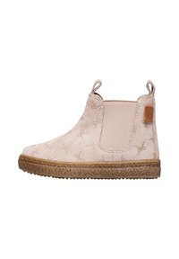 Bottes chelsea en suede rose clair avec des panneaux latéraux élastiques, semelle en caoutchouc texturée et motif gaufré. Équipées d'une languette arrière pour un enfilage facile.