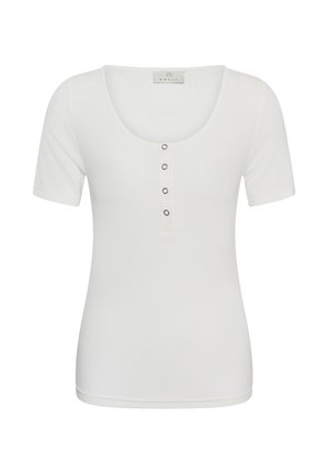 Weißes, kurzärmeliges, tailliertes Hemd mit rundem Ausschnitt und vier kleinen Knöpfen in der vorderen Mitte.