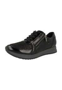 Black sneaker made of glossy leather with textured accents, featuring a lace-up front and a side zipper. Rubber sole for traction.