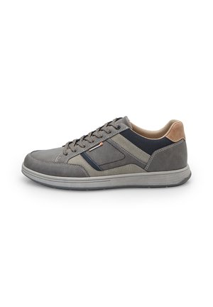 Gray sneaker with textured suede and smooth leather accents. Features a lace-up design, contrasting navy panel, and rubber sole.