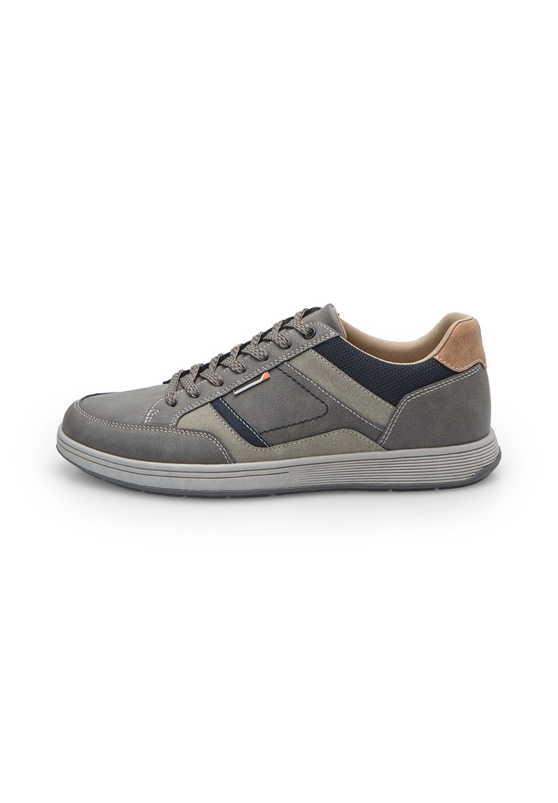 Gray sneaker with textured suede and smooth leather accents. Features a lace-up design, contrasting navy panel, and rubber sole.