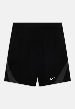 Schwarze Sportshorts mit Mesh-Struktur, elastischem Bund, seitlichen Taschen und einem kontrastierenden grauen Akzent an den unteren Seiten. Weißes Nike-Logo.