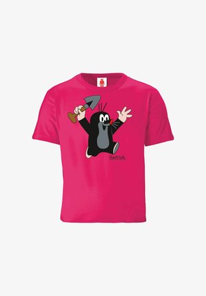 Pink cotton t-shirt featuring a cartoon mole holding a trowel, with black and white accents and a red nose, printed on the front.