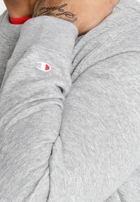 Grauer Kapuzenpullover mit rundem Ausschnitt und gerippten Bündchen. Enthält ein kleines Logoschild mit roten und weißen Details am linken Ärmel.