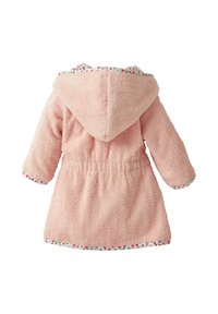 Hooded pink bathrobe made of textured terry fabric with a drawstring waist. Edges feature a floral print trim in green and red.