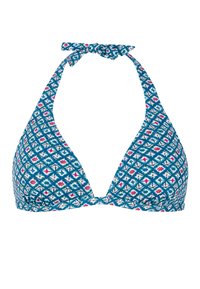 Top bikini a triangolo blu con motivo geometrico in turchese, rosa e bianco. Si allaccia al collo per una vestibilità regolabile. Tessuto dalla texture liscia.