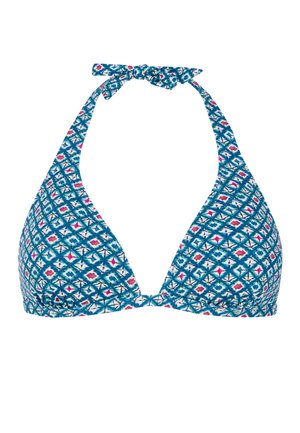 Modrá trojuholníková bikínová podprsenka s geometrickým vzorom v odtieňoch teal, ružovej a bielej. Zapína sa na krku pre nastaviteľné prispôsobenie. Hladká textúra látky.