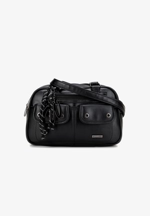 Schwarze Lederhandtasche in rechteckiger Form, mit zwei Vordertaschen, silbernen Beschlägen, abnehmbarem Schulterriemen und dekorativem Quastendetail.