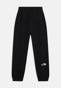 Črne trenirke iz mehkega materiala z elastičnim pasom in manšetami na dnu. Na levi stegnici je bel logotip The North Face.