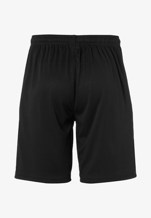 Zwarte sportshorts met een elastische tailleband, gemaakt van gladde stof, met een losse pasvorm en zonder zichtbare zakken of patronen.