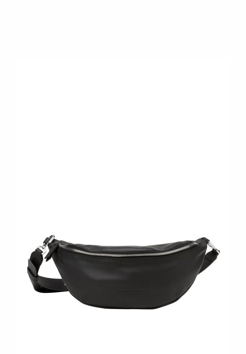 Sac de taille en cuir noir avec fermeture éclair argentée et sangle ajustable, dézippé et posé à plat.