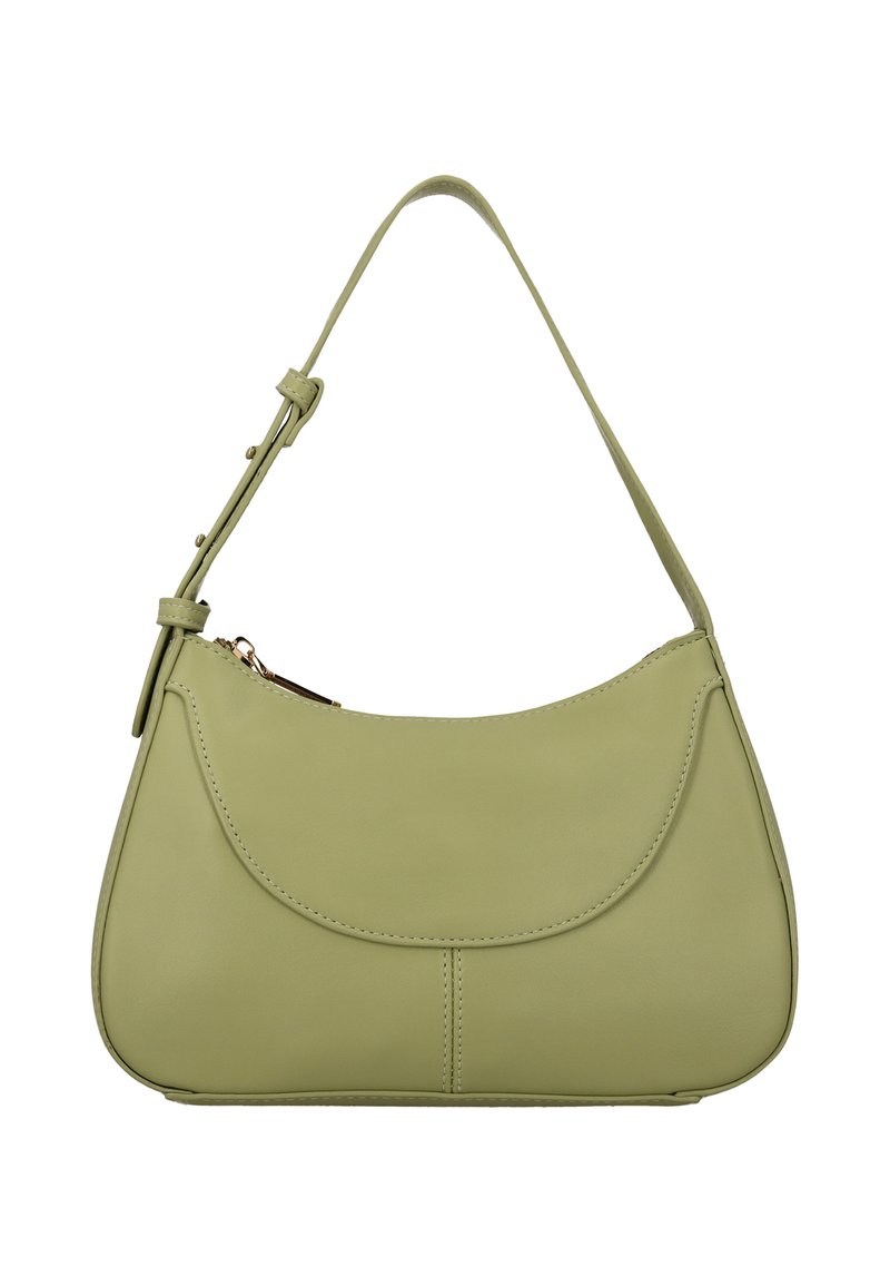 Lysegrøn læderhåndtaske med en buet silhuet, enkelt justerbart rem, lynlås lukning og glat tekstur. Har diskrete syningsdetaljer.