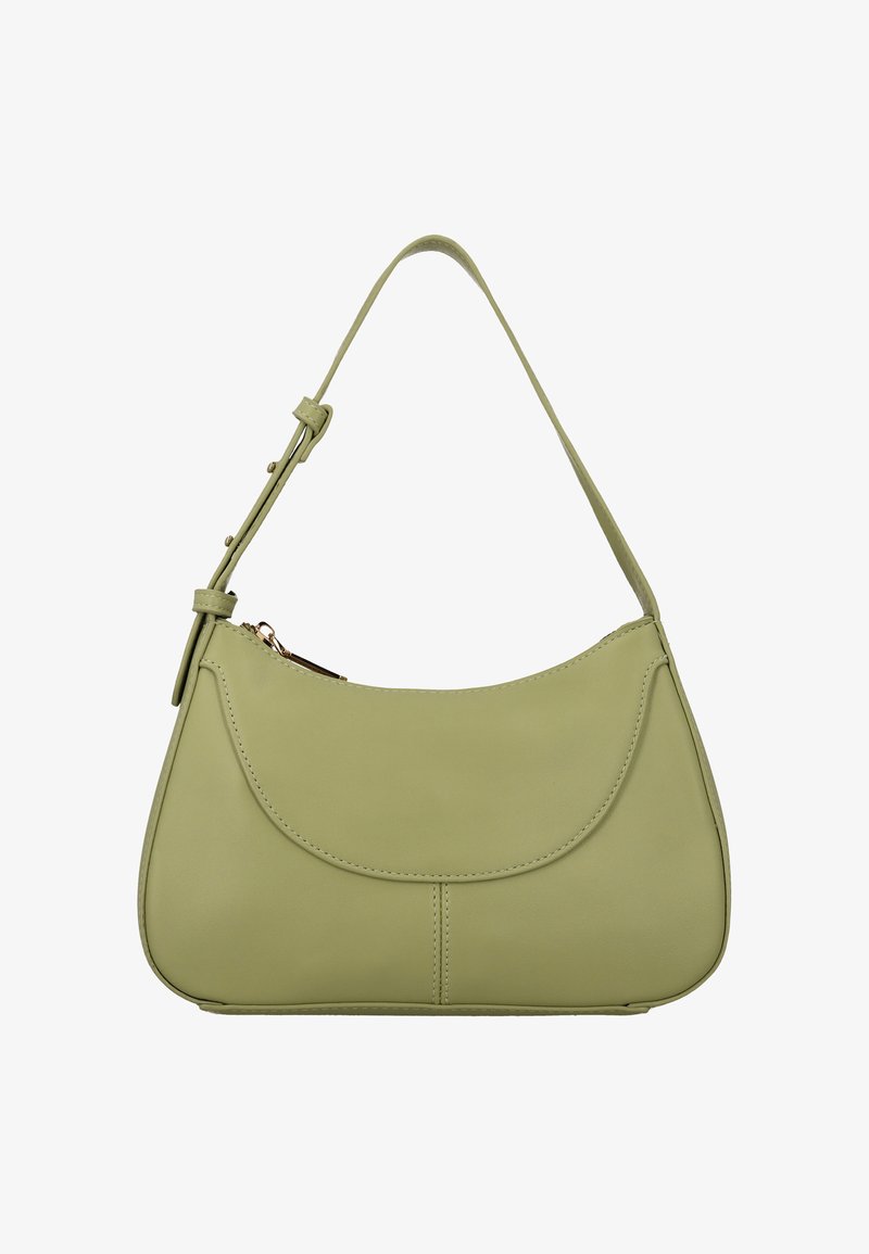 Bolso de cuero verde claro con una silueta curva, correa ajustable única, cierre de cremallera y textura suave. Presenta detalles de costura sutiles.