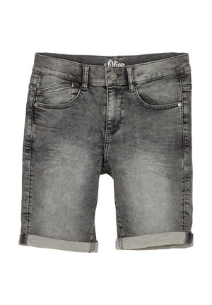 Vasket sorte denim shorts med opbuk, forreste knaplukning, bæltestropper og fem-lomme design.
