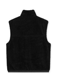 Fekete gyapjú mellény magas gallérral, ujjatlan kialakítással, puha tapintással és bordázott aljjal. Nincs látható hardver vagy minta.