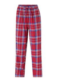 Røde pyjamasbukser i tern med blå og hvide accenter, elastisk talje med snor, løs pasform, lavet af blødt stof.
