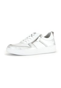 Weiße Sneaker aus Leder mit silbernen Akzenten. Mit Schnürsenkeln, seitlichem Reißverschluss und einer strukturierten Gummisohle. Abgerundete Zehenform.