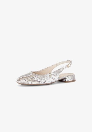 Women's slingback flat shoe with beige and gray snake print, pointed toe, and low square heel with a gold buckle strap.