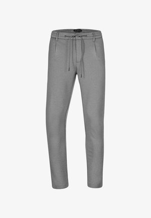 Pantalons de jogging gris en tissu doux, dotés d'une taille élastique avec cordon de serrage ajustable et de poches latérales. Design slim ajusté.