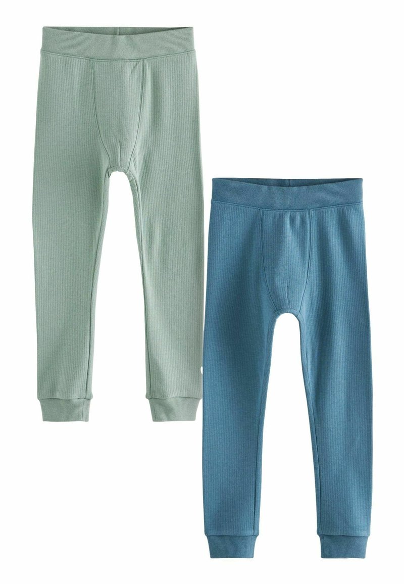 Twee paar geribbelde legging: een in lichtgroen en een in donkerblauw, met elastische taillebanden en aangesloten boorden bij de enkels.