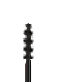 Scovolino per mascara nero con design rastremato, dotato di setole corte e rigide disposte a spirale per un'applicazione uniforme del prodotto.