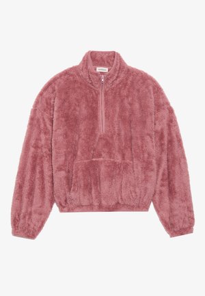 Pullover in pelliccia sintetica di colore rosa polveroso, con colletto alto, zip frontale a metà, maniche lunghe e tasca a marsupio frontale. Tessuto morbido.