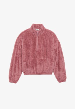 Faux fur pullover in stoffige roze, met een hoge kraag, een halve rits aan de voorkant, lange mouwen en een voorste kangaroo zak. Zachte textuur.