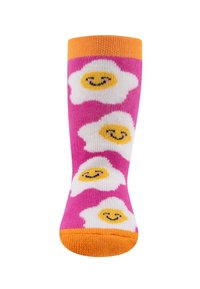 Chaussettes montantes colorées avec une base rose ornée de motifs d'œufs blancs, de visages souriants et un revers et un orteil côtelés orange.