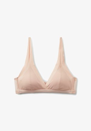 Soutien-gorge triangle en maille transparente rose clair avec bretelles réglables et fermeture dos à agrafes, présenté à plat sur un fond blanc.