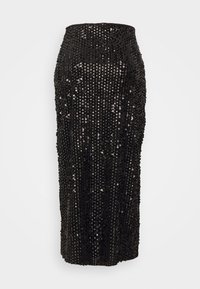 Černá sukně s flitry, úzkého střihu, zdobená vertikálními pásy lesklých flitrů, které vytvářejí hladkou texturu a odrazivý povrch.