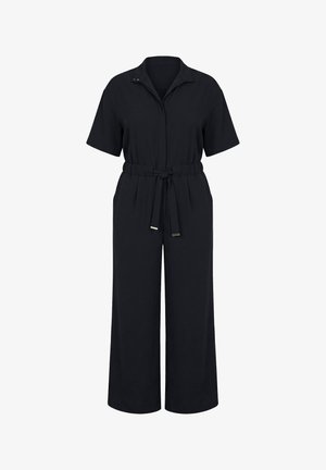 Zwarte korte mouwen jumpsuit met kraag, knoopsluiting aan de voorkant, elastische taille, strikceintuur, wijde pijpen en zijzakken.