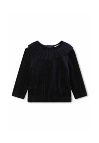 Top à manches longues bleu marine en tissu doux avec un aspect texturé brillant, présentant un col volant plissé et un ourlet droit.