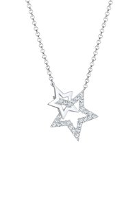 Silberne Kettenhalskette mit zwei miteinander verwobenen Sternanhängern, von denen einer mit klaren Strasssteinen besetzt ist, während der andere ein einfaches Umrissdesign aufweist.