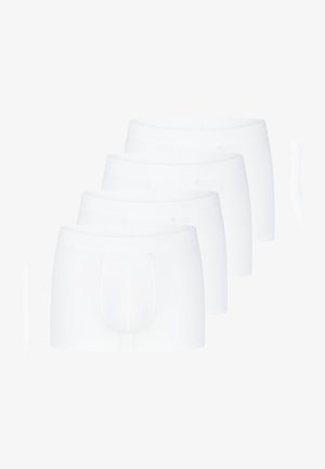 White boxer trunks, four-pack. Made from soft fabric, featuring a supportive pouch and elastic waistband with subtle branding.