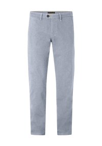 Light gray pants made of soft fabric. Features a button closure, belt loops, and standard front and back pockets. Straight leg design.