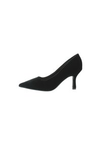 Décolleté in velluto nero con punta affusolata, silhouette elegante e tacco rettangolare sottile, caratterizzato da una texture liscia.