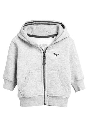 Jasnoszara bluza dla malucha z kapturem, z przodu zamek błyskawiczny, kieszenie kangurka, ściągacze na mankietach oraz małe czarne logo dinozaura na piersi.