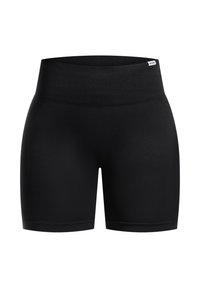 Zwarte high-waisted shorts van rekbare stof, met een gladde textuur en een strakke pasvorm met een brede elastische tailleband.