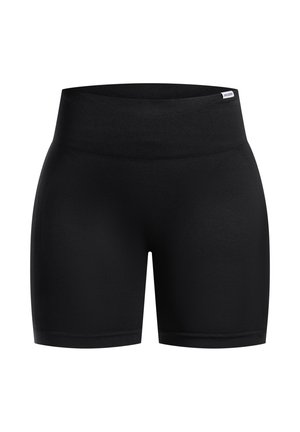 Pantalones cortos negros de tiro alto hechos de una tela elástica, con una textura suave y un diseño ajustado que incluye una amplia banda elástica en la cintura.