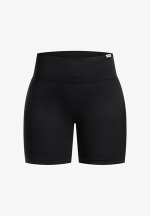 Pantalones cortos negros de tiro alto hechos de una tela elástica, con una textura suave y un diseño ajustado que incluye una amplia banda elástica en la cintura.