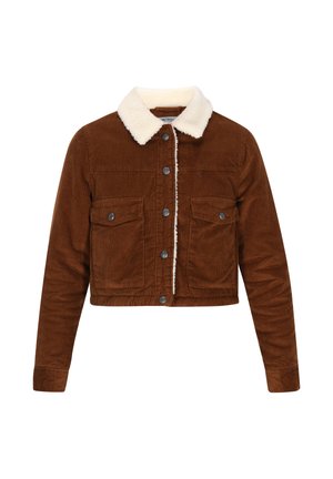 Bruin corduroy korte jas met een crèmekleurige nepbont kraag. Bevat twee borstzakken en zilveren knopen aan de voorkant.