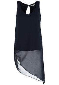 Navy sleeveless dress with a keyhole neckline, asymmetrical hem, and a sheer lower panel. Made of smooth fabric with a lightweight texture.