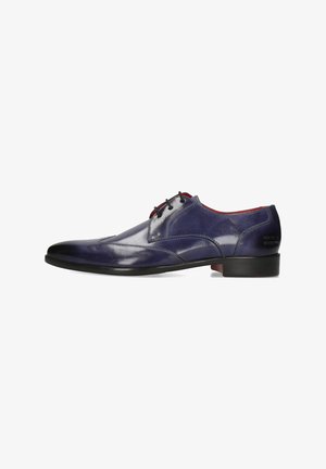 Scarpe da cerimonia in pelle blu scuro con un design elegante e punta tonda. Presentano cinque asole, una superficie liscia e un sottile bordo rosso a contrasto.