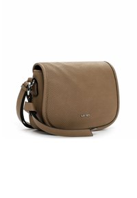 Borsa a tracolla in pelle tan con superficie perforata, forma arrotondata, tracolla regolabile e hardware in metallo; marchiata con il logo "SURFREY".