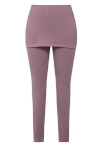 Leggings viola con vita alta e tessuto morbido e elasticizzato. Presentano un design senza cuciture e una superficie liscia, adatti per l'abbigliamento sportivo.