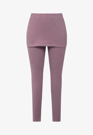 Leggings violets avec une taille haute et un tissu doux et extensible. Présentent un design sans couture et une texture lisse, adaptés pour des vêtements de sport.