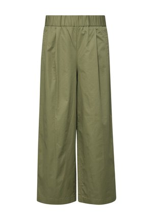 Szerokie spodnie w kolorze oliwkowym z elastycznym pasem i plisami, wykonane z lekkiego materiału.