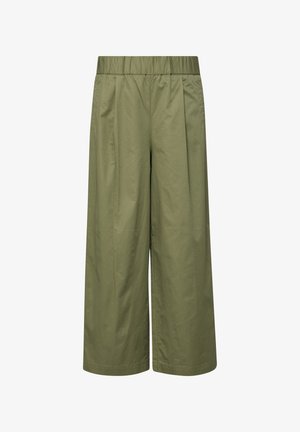 Szerokie spodnie w kolorze oliwkowym z elastycznym pasem i plisami, wykonane z lekkiego materiału.