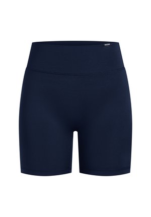 Granatowe spodenki sportowe o dopasowanym kroju, gładkiej fakturze, szerokiej talii i minimalnych detalach przeszyć. Brak wyraźnych logo lub wzorów.